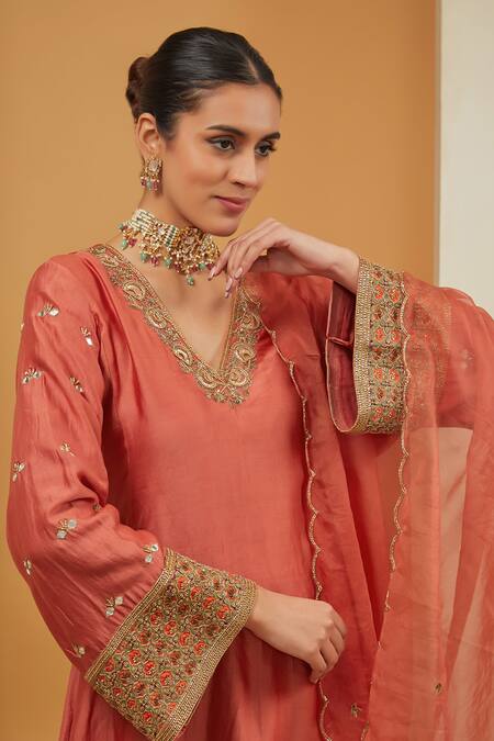 Buy_Neha Khullar_Orange Organza, Chanderi Silk, Cotton Placement A-line Kurta Pant Set _Online_at_Aza_Fashions