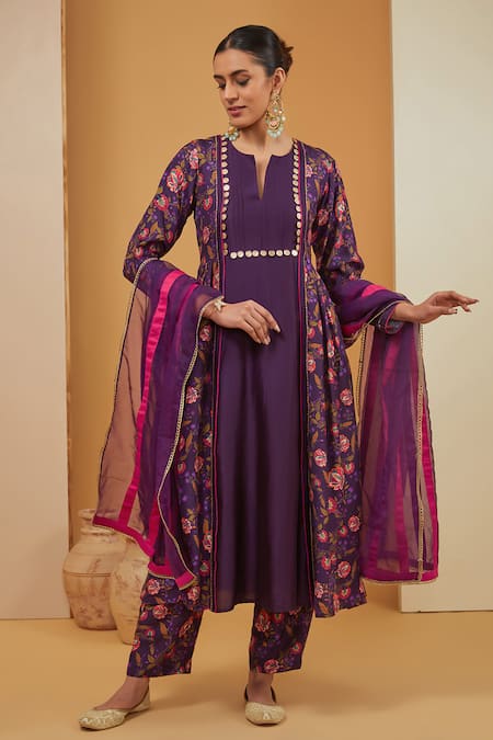 Neha Khullar Purple Chanderi Silk Print Floral Notched Neck Panel Kurta Pant Set 