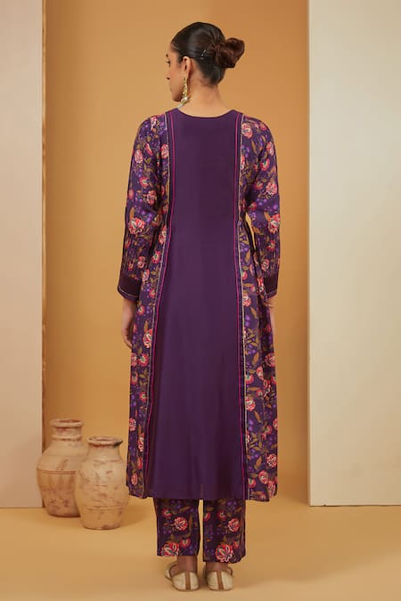 Shop Neha Khullar Purple Chanderi Silk, Organza, Crepe Floral Print Panel Kurta Pant Set at Aza Fashions Shop_Neha Khullar_Purple Chanderi Silk, Organza, Crepe Floral Print Panel Kurta Pant Set _at_Aza_Fashions
