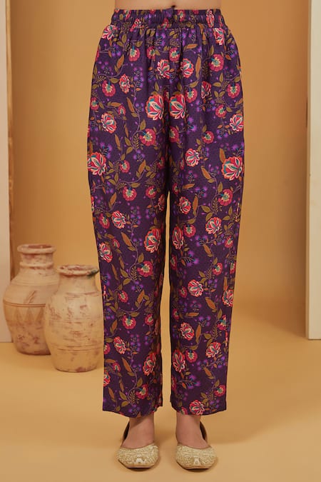 Neha Khullar Purple Chanderi Silk, Organza, Crepe Floral Print Panel Kurta Pant Set Online at Aza Fashions Neha Khullar_Purple Chanderi Silk, Organza, Crepe Floral Print Panel Kurta Pant Set _Online_at_Aza_Fashions