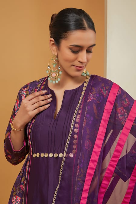 Buy Neha Khullar Purple Chanderi Silk, Organza, Crepe Floral Print Panel Kurta Pant Set Online at Aza Fashions Buy_Neha Khullar_Purple Chanderi Silk, Organza, Crepe Floral Print Panel Kurta Pant Set _Online_at_Aza_Fashions