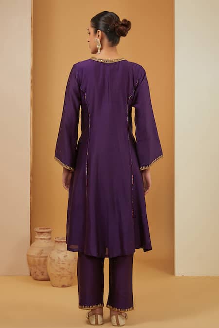 Shop Neha Khullar Purple Chanderi Silk, Organza, Crepe Embroidery, Zari V-neck Kurta Pant Set at Aza Fashions Shop_Neha Khullar_Purple Chanderi Silk, Organza, Crepe Embroidery, Zari V-neck Kurta Pant Set _at_Aza_Fashions