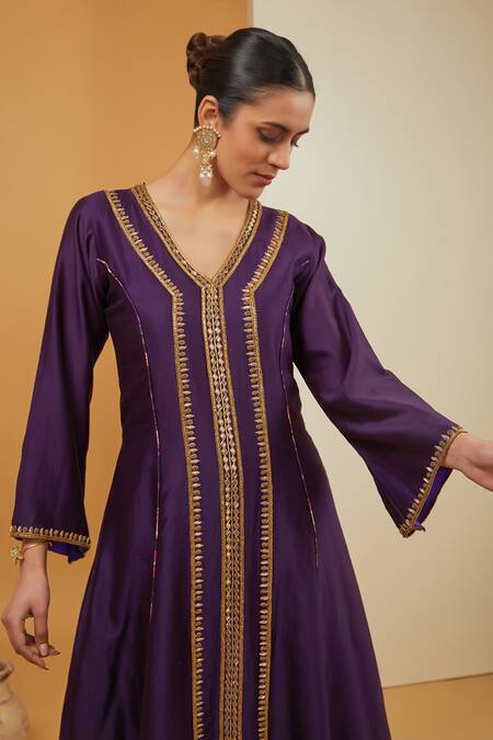 Shop Neha Khullar Purple Chanderi Silk, Organza, Crepe Embroidery, Zari V-neck Kurta Pant Set Online at Aza Fashions Shop_Neha Khullar_Purple Chanderi Silk, Organza, Crepe Embroidery, Zari V-neck Kurta Pant Set _Online_at_Aza_Fashions