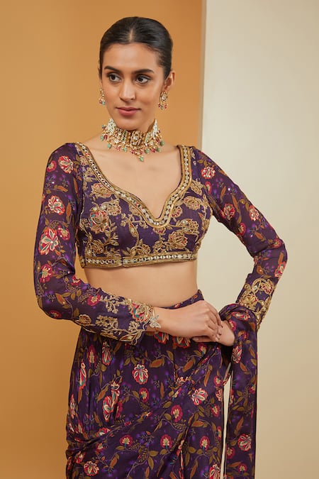 Neha Khullar Purple Crepe, Viscose Pre-draped Floral Bloom Print Saree With Blouse Online at Aza Fashions Neha Khullar_Purple Crepe, Viscose Pre-draped Floral Bloom Print Saree With Blouse _Online_at_Aza_Fashions