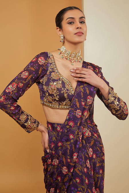 Buy Neha Khullar Purple Crepe, Viscose Pre-draped Floral Bloom Print Saree With Blouse Online at Aza Fashions Buy_Neha Khullar_Purple Crepe, Viscose Pre-draped Floral Bloom Print Saree With Blouse _Online_at_Aza_Fashions