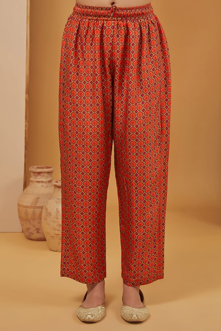 Neha Khullar_Orange Organza, Chanderi Silk, Crepe Tassels Geometric Jaal Print Kurta Pant Set _Online_at_Aza_Fashions