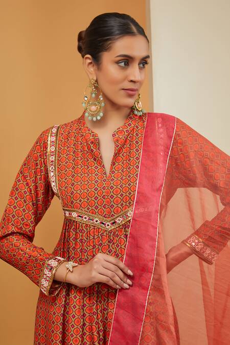 Buy_Neha Khullar_Orange Organza, Chanderi Silk, Crepe Tassels Geometric Jaal Print Kurta Pant Set _Online_at_Aza_Fashions