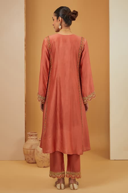 Shop Neha Khullar Orange Chanderi Silk, Organza, Crepe Embroidery Floral Bodice Kurta Pant Set at Aza Fashions Shop_Neha Khullar_Orange Chanderi Silk, Organza, Crepe Embroidery Floral Bodice Kurta Pant Set _at_Aza_Fashions