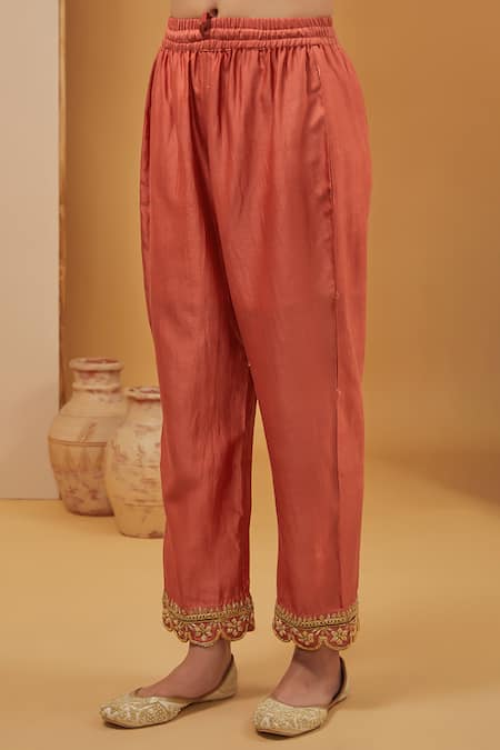Neha Khullar Orange Chanderi Silk, Organza, Crepe Embroidery Floral Bodice Kurta Pant Set Online at Aza Fashions Neha Khullar_Orange Chanderi Silk, Organza, Crepe Embroidery Floral Bodice Kurta Pant Set _Online_at_Aza_Fashions