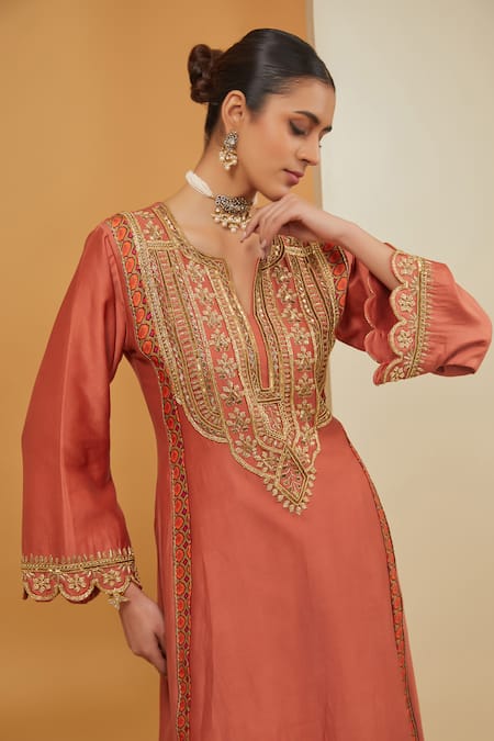 Buy Neha Khullar Orange Chanderi Silk, Organza, Crepe Embroidery Floral Bodice Kurta Pant Set Online at Aza Fashions Buy_Neha Khullar_Orange Chanderi Silk, Organza, Crepe Embroidery Floral Bodice Kurta Pant Set _Online_at_Aza_Fashions