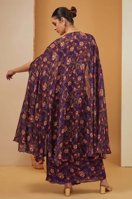 Shop Neha Khullar Purple Crepe, Viscose Embroidery, Floral Bloom Print Cape Draped Skirt Set at Aza Fashions Shop_Neha Khullar_Purple Crepe, Viscose Embroidery, Floral Bloom Print Cape Draped Skirt Set _at_Aza_Fashions