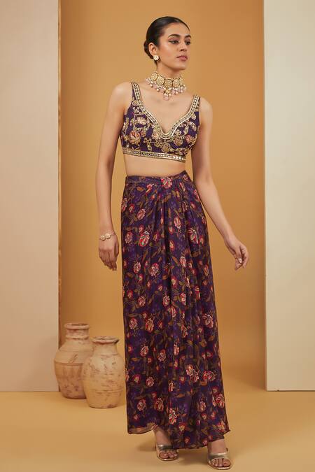 Neha Khullar Purple Crepe, Viscose Embroidery, Floral Bloom Print Cape Draped Skirt Set Online at Aza Fashions Neha Khullar_Purple Crepe, Viscose Embroidery, Floral Bloom Print Cape Draped Skirt Set _Online_at_Aza_Fashions