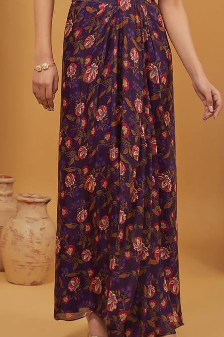 Buy Neha Khullar Purple Crepe, Viscose Embroidery, Floral Bloom Print Cape Draped Skirt Set Online at Aza Fashions Buy_Neha Khullar_Purple Crepe, Viscose Embroidery, Floral Bloom Print Cape Draped Skirt Set _Online_at_Aza_Fashions