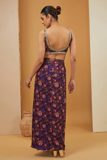 Shop Neha Khullar Purple Crepe, Viscose Embroidery, Floral Bloom Print Cape Draped Skirt Set Online at Aza Fashions Shop_Neha Khullar_Purple Crepe, Viscose Embroidery, Floral Bloom Print Cape Draped Skirt Set _Online_at_Aza_Fashions