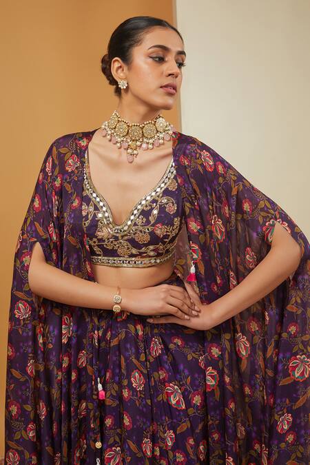 Neha Khullar Purple Crepe, Viscose Embroidery, Floral Bloom Print Cape Draped Skirt Set at Aza Fashions Neha Khullar_Purple Crepe, Viscose Embroidery, Floral Bloom Print Cape Draped Skirt Set _at_Aza_Fashions