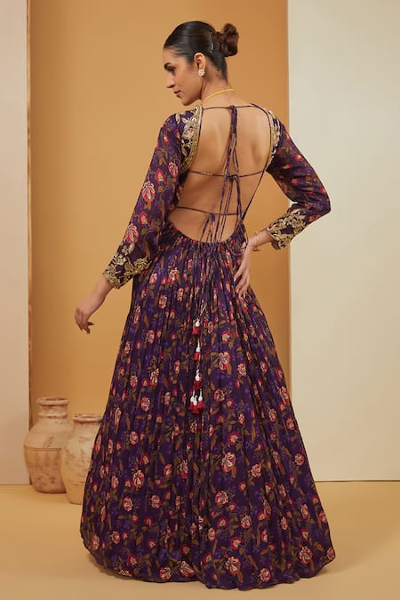 Shop Neha Khullar Purple Crepe, Viscose Embroidery, Zari Floral Bloom Print Anarkali With Dupatta at Aza Fashions Shop_Neha Khullar_Purple Crepe, Viscose Embroidery, Zari Floral Bloom Print Anarkali With Dupatta _at_Aza_Fashions