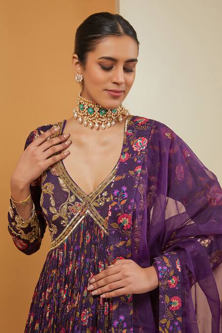 Neha Khullar Purple Crepe, Viscose Embroidery, Zari Floral Bloom Print Anarkali With Dupatta Online at Aza Fashions Neha Khullar_Purple Crepe, Viscose Embroidery, Zari Floral Bloom Print Anarkali With Dupatta _Online_at_Aza_Fashions