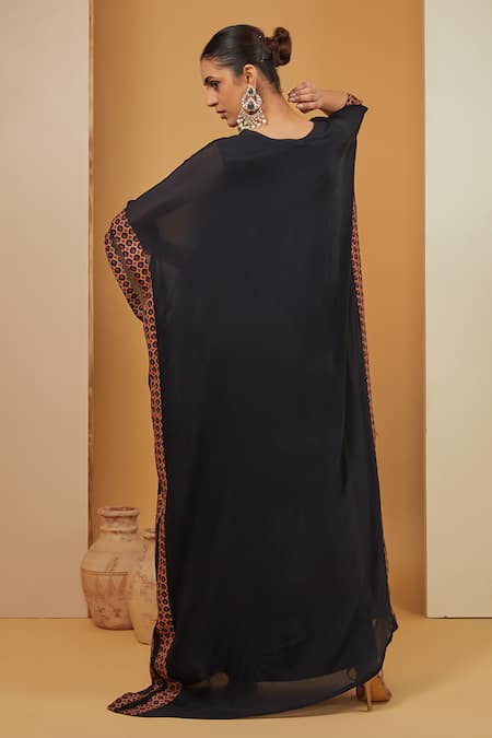 Shop Neha Khullar Black Crepe, Viscose Embroidery V-neck Placement Print Kaftan Pant Set at Aza Fashions Shop_Neha Khullar_Black Crepe, Viscose Embroidery V-neck Placement Print Kaftan Pant Set _at_Aza_Fashions