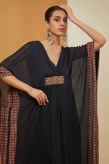 Buy Neha Khullar Black Crepe, Viscose Embroidery V-neck Placement Print Kaftan Pant Set Online at Aza Fashions Buy_Neha Khullar_Black Crepe, Viscose Embroidery V-neck Placement Print Kaftan Pant Set _Online_at_Aza_Fashions