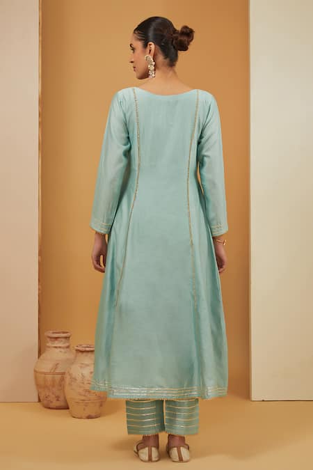 Shop Neha Khullar Blue Chanderi Silk, Cotton, Organza Embroidery, Gota Patti Work Kurta Pant Set at Aza Fashions Shop_Neha Khullar_Blue Chanderi Silk, Cotton, Organza Embroidery, Gota Patti Work Kurta Pant Set _at_Aza_Fashions