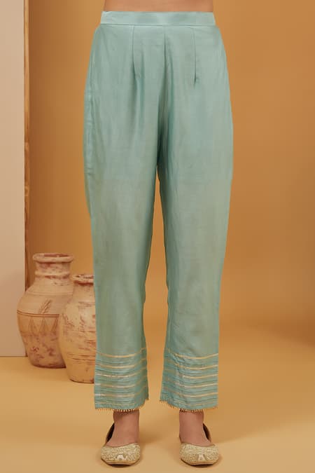 Neha Khullar Blue Chanderi Silk, Cotton, Organza Embroidery, Gota Patti Work Kurta Pant Set Online at Aza Fashions Neha Khullar_Blue Chanderi Silk, Cotton, Organza Embroidery, Gota Patti Work Kurta Pant Set _Online_at_Aza_Fashions