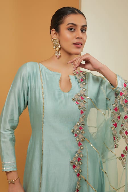 Buy Neha Khullar Blue Chanderi Silk, Cotton, Organza Embroidery, Gota Patti Work Kurta Pant Set Online at Aza Fashions Buy_Neha Khullar_Blue Chanderi Silk, Cotton, Organza Embroidery, Gota Patti Work Kurta Pant Set _Online_at_Aza_Fashions