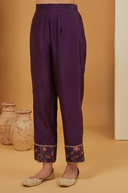 Neha Khullar_Purple Chanderi Silk, Organza Embroidery Floral Zari Hand Kurta Pant Set For Kids_Online_at_Aza_Fashions