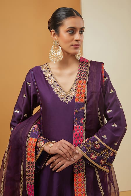 Buy_Neha Khullar_Purple Chanderi Silk, Organza Embroidery Floral Zari Hand Kurta Pant Set For Kids_Online_at_Aza_Fashions