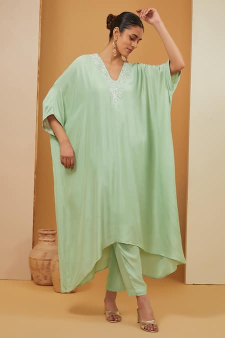 Neha Khullar Green Modal Satin Placement Embroidery Floral V Neck Kaftan Pant Set 