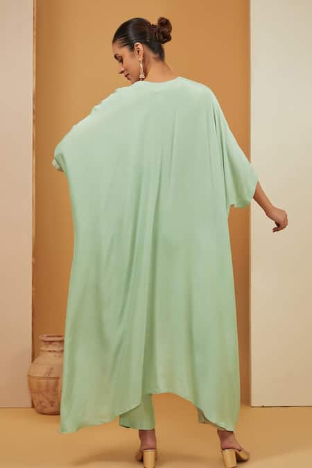 Shop Neha Khullar Green Crepe, Modal, Cotton Embroidery V-neck Kaftan Pant Set at Aza Fashions Shop_Neha Khullar_Green Crepe, Modal, Cotton Embroidery V-neck Kaftan Pant Set _at_Aza_Fashions