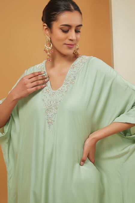 Buy Neha Khullar Green Crepe, Modal, Cotton Embroidery V-neck Kaftan Pant Set Online at Aza Fashions Buy_Neha Khullar_Green Crepe, Modal, Cotton Embroidery V-neck Kaftan Pant Set _Online_at_Aza_Fashions