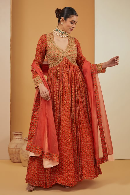 Neha Khullar Orange Viscose Chinon Print Geometric Jaal V Anarkali With Dupatta 