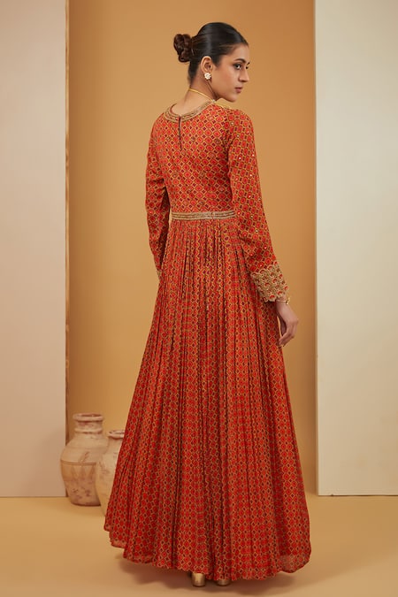 Shop Neha Khullar Orange Crepe, Viscose Embroidery Geometric Jaal Print Anarkali With Dupatta at Aza Fashions Shop_Neha Khullar_Orange Crepe, Viscose Embroidery Geometric Jaal Print Anarkali With Dupatta _at_Aza_Fashions