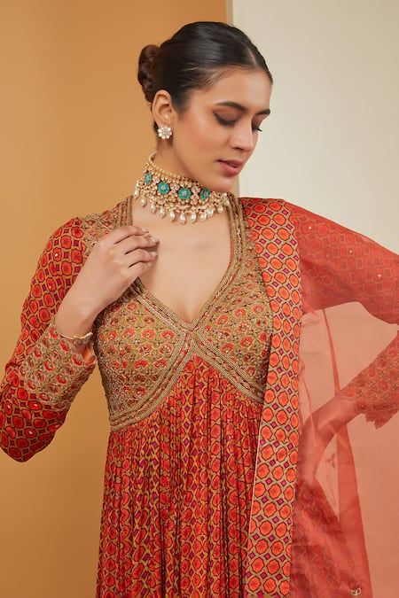 Neha Khullar Orange Crepe, Viscose Embroidery Geometric Jaal Print Anarkali With Dupatta Online at Aza Fashions Neha Khullar_Orange Crepe, Viscose Embroidery Geometric Jaal Print Anarkali With Dupatta _Online_at_Aza_Fashions