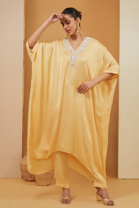 Neha Khullar Yellow Modal Satin Placement Embroidery Asymmetric Kaftan Pant Set 