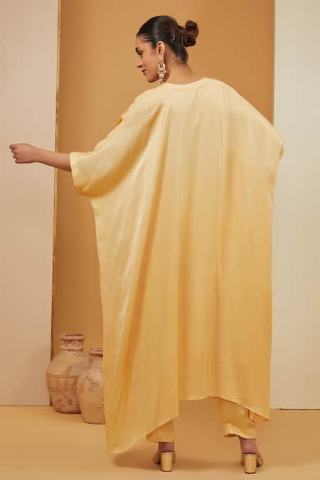 Shop Neha Khullar Yellow Crepe, Modal, Satin Embroidery V-neck Asymmetric Kaftan Pant Set at Aza Fashions Shop_Neha Khullar_Yellow Crepe, Modal, Satin Embroidery V-neck Asymmetric Kaftan Pant Set _at_Aza_Fashions