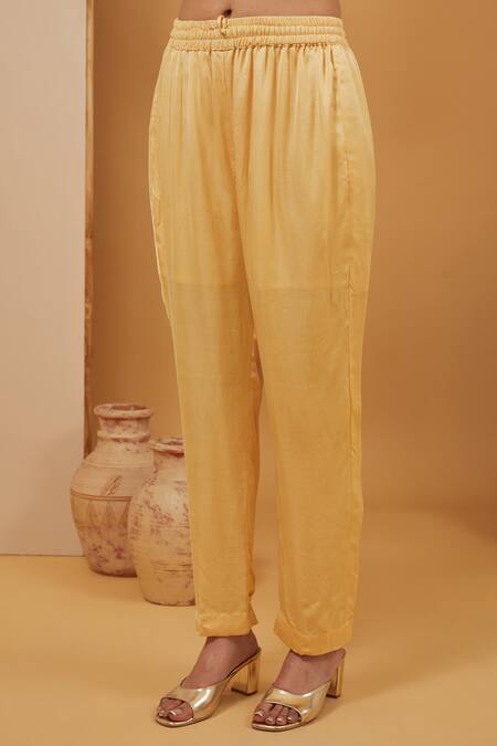 Neha Khullar Yellow Crepe, Modal, Satin Embroidery V-neck Asymmetric Kaftan Pant Set Online at Aza Fashions Neha Khullar_Yellow Crepe, Modal, Satin Embroidery V-neck Asymmetric Kaftan Pant Set _Online_at_Aza_Fashions