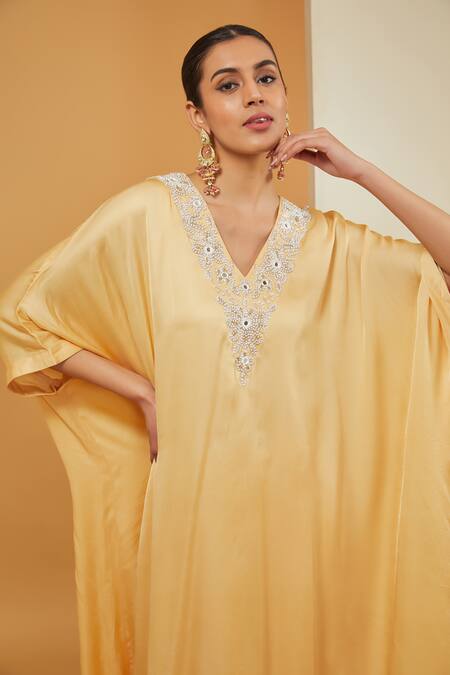 Buy Neha Khullar Yellow Crepe, Modal, Satin Embroidery V-neck Asymmetric Kaftan Pant Set Online at Aza Fashions Buy_Neha Khullar_Yellow Crepe, Modal, Satin Embroidery V-neck Asymmetric Kaftan Pant Set _Online_at_Aza_Fashions