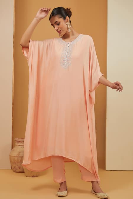 Neha Khullar Peach Modal Satin Placement Embroidery Mirror Round Kaftan Pant Set 