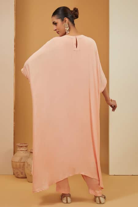 Shop Neha Khullar Peach Crepe, Modal, Cotton Mirrors, Beads, Placement Embroidered Kaftan Pant Set at Aza Fashions Shop_Neha Khullar_Peach Crepe, Modal, Cotton Mirrors, Beads, Placement Embroidered Kaftan Pant Set _at_Aza_Fashions