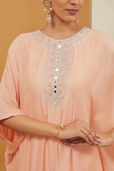 Buy Neha Khullar Peach Crepe, Modal, Cotton Mirrors, Beads, Placement Embroidered Kaftan Pant Set Online at Aza Fashions Buy_Neha Khullar_Peach Crepe, Modal, Cotton Mirrors, Beads, Placement Embroidered Kaftan Pant Set _Online_at_Aza_Fashions