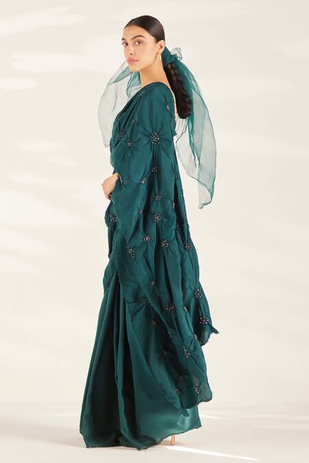 Ilk_Green Silk Embellished Bead Square Neck Emil Saree With Blouse _Online_at_Aza_Fashions