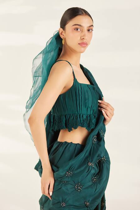 Buy_Ilk_Green Silk Embellished Bead Square Neck Emil Saree With Blouse _Online_at_Aza_Fashions