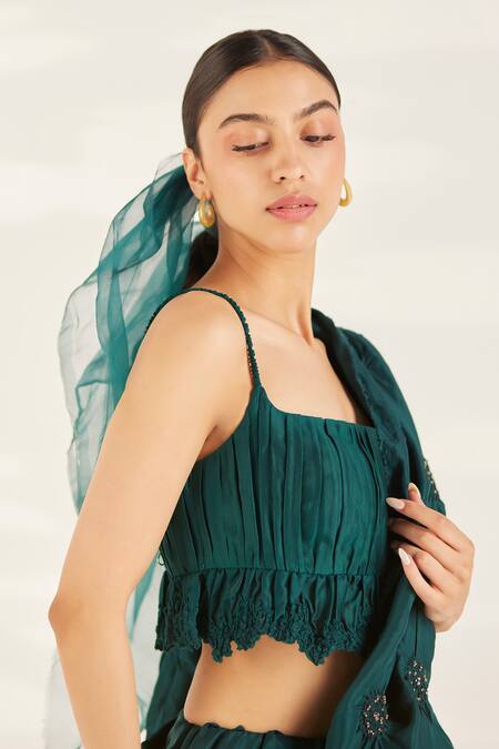 Shop_Ilk_Green Silk Embellished Bead Square Neck Emil Saree With Blouse _Online_at_Aza_Fashions