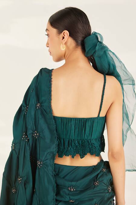 Ilk_Green Silk Embellished Bead Square Neck Emil Saree With Blouse _at_Aza_Fashions