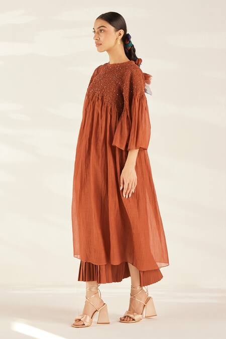 Ilk_Brown Silk, Chanderi Embroidery Round Neck Reva Dress_Online_at_Aza_Fashions