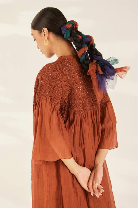 Buy_Ilk_Brown Silk, Chanderi Embroidery Round Neck Reva Dress_Online_at_Aza_Fashions
