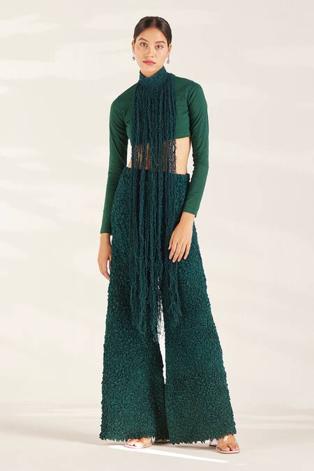 Ilk_Green Top Cotton Lycra Plain Jacket Cascade Moss Smocked Pant Set _at_Aza_Fashions