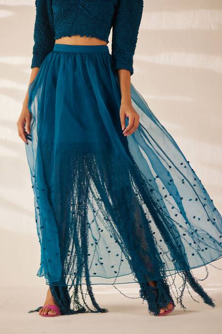 Ilk_Blue Organza Fringe Amora Threadwork Embroidered Skirt_Online_at_Aza_Fashions