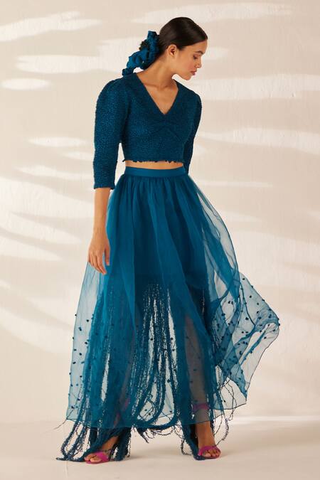 Buy_Ilk_Blue Organza Fringe Amora Threadwork Embroidered Skirt_Online_at_Aza_Fashions